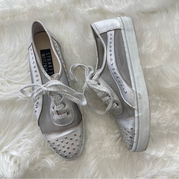 Stuart Weitzman | Women’s Silver Mesh Studded Studs Embellished Sneakers Shoes 7 - Picture 1 of 10